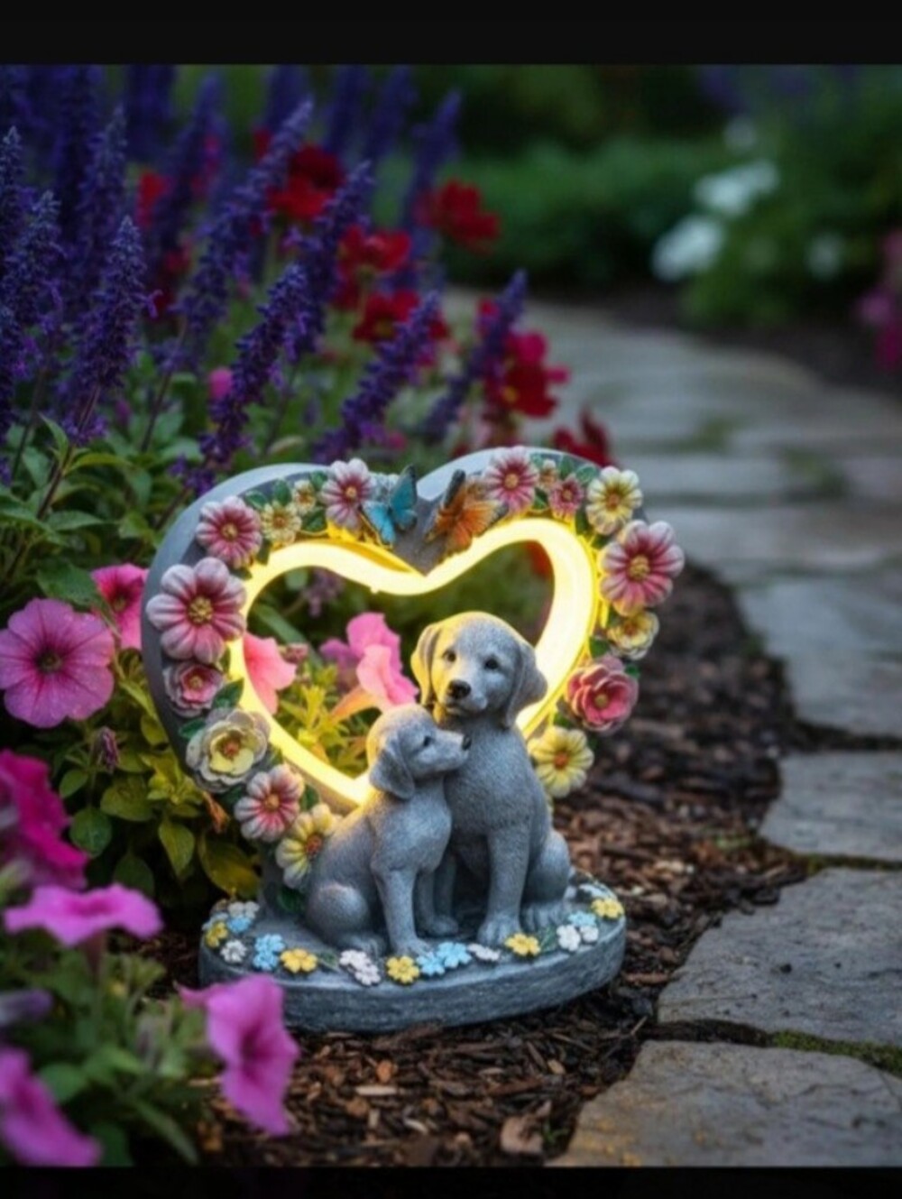 Solar Dog Garden Statue Light Heart Flowers Puppy Outdoor Memorial Decor NEW - Picture 2 of 7